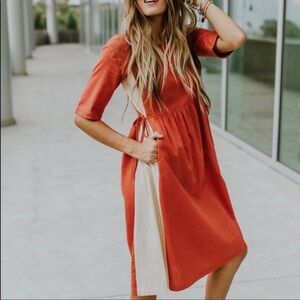 ROOLEE Izabella Contrast Orange Cream Linen Short Sleeve Midi Dress NEW S